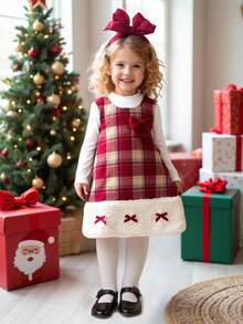 Souflis Kleine Mädchen 2 Stücke Set Winterkleidung für Kleine Mädchen, Lässig Daily Style Outfit für Ausflüge, ärmelloses Schleifendekor Kurzes Fleece Karokleid & einfarbiges langärmliges Grundoberteil - Rot - Übersicht 4