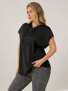 Auralis T-shirt à capuche noir à manches courtes avec imprimé géométrique pour femmes grandes tailles, pour un look décontracté, la gym, le jogging, le yoga. T-shirt noir pour femmes avec courbes - Noir - Voir 5