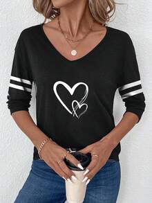 SHEIN LUNE Casual Minimalist Regular V-Neck Heart Print Long Sleeve T-Shirt For Women, Suitable For Autumn/Winter, Suitable For Outings, Suitable For Work Commute, Chic, Homewear - Black - View 4