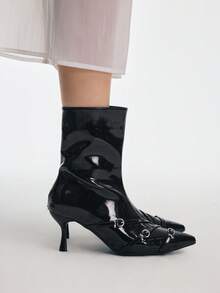 Mnmlis Eleganti stivaletti alla caviglia con tacco a rocchetto alla francese, fibbia alla moda, cerniera laterale e punta affusolata