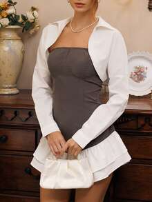 Glamine Charm Set de 2 piezas de top bandeau y camisa de manga larga corta de color contrastante casual y sexy para vacaciones, primavera/otoño - Multicolor - Ver 8