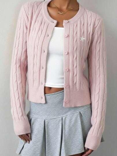 Suéter de cárdigan corto de manga larga, cuello redondo, unicolor azul real, informal, para adolescentes, cómodo y acogedor, adecuado para el uso diario en otoño e invierno