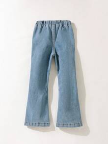 Maija Kids 年轻女孩蝴蝶结刺绣花卉下摆开衩休闲牛仔裤 - 藍色 - 查看 2