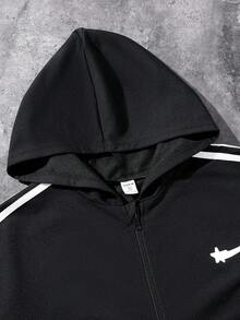 Teen Boys Casual Printed Zip-Up Hoodie & Straight Leg Sweatpants Set With Zipper Hem Design, Suitable For Street Wear Fall Winter - Black - View 6