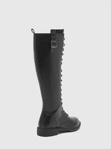 CUCCOO BIZCHIC 女式圆头系带侧拉链及膝靴，黑色，百搭休闲通勤平底高筒靴，靴子