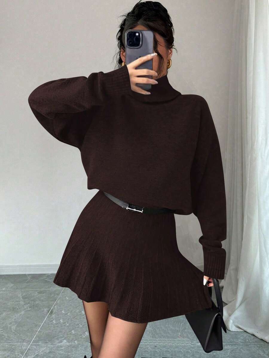 Rafferiza 2pcs Set: Solid Color Loose Pleated Skirt & Turtleneck Sweater - Coffee Brown - View 1