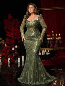 Glamrae Elegancka, luksusowa, zielona sukienka w dużym rozmiarze, z cekinami, dekoltem w serduszko, długim rękawem i dopasowanym dołem w stylu syreny, odpowiednia na wieczorne przyjęcie, randkę, bal, wesele, wakacje (bogaty haft), Walentynki - Zielony - Zobacz 6