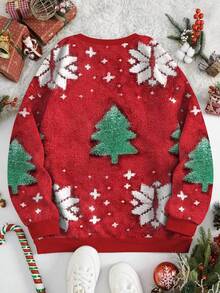 SHEIN 女士卫衣/数码印花/圣诞树雪花图案全仿真毛衣印花/圣诞长袖圆领毛绒卫衣休闲卫衣，圣诞卫衣秋冬时尚/时尚卫衣/新年快乐礼物，家庭新年衬衫，圣诞派对T恤上衣，可爱圣诞节节日礼物/女士休闲宽松圆领上衣/秋冬 - 彩色 - 查看 3