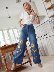 LanaWest 女士优雅向日葵刺绣牛仔裤 - 中等水洗藍 - 查看 8