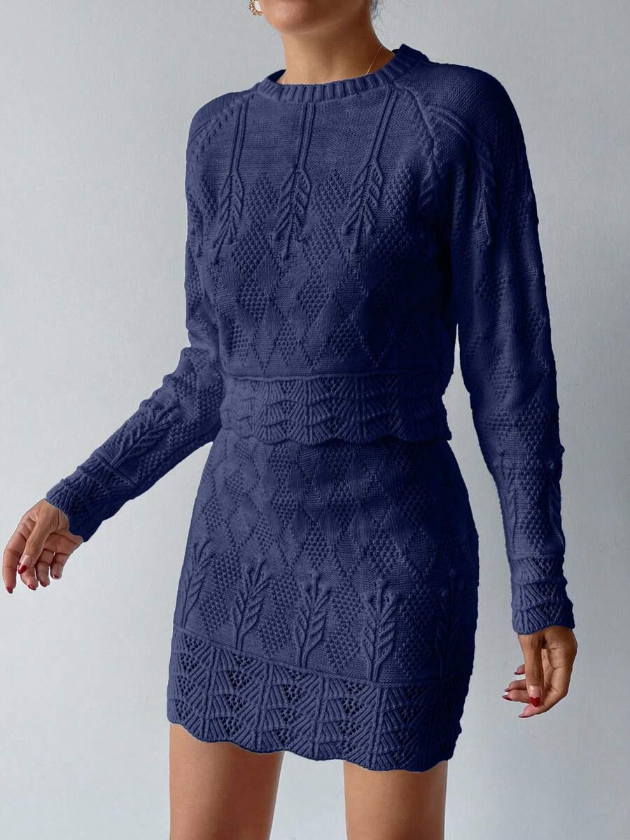 EURMUSE Elegant Texture Knit Hollow Out Sweater & Sweater Skirt Co-Ords 2 Pieces Set - Navy Blue - View 1