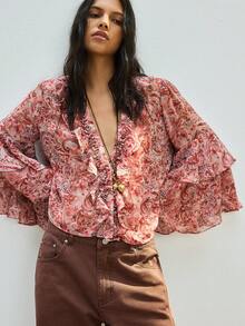 Maija Women's Casual Vacation Style All-Over Print V-Neck Flare Sleeve Loose Blouse, Spring/Summer/Autumn - Red - View 5