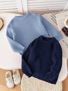 SHEIN 2pcs/Set Back To School Young Boys' Brown & Khaki Textured Loose Pullover Sweaters, Versatile For Casual Wear, Home, And School - Blue - View 5