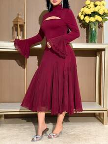 Modelyn Women's Elegant Party Stand Collar Hollow Out Flare Sleeve Midi Dress Party Outfit - Burgundy - View 5