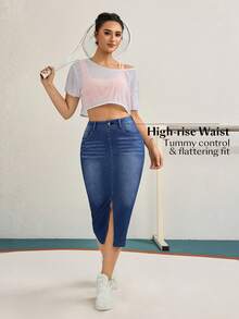 Flexra Casual High Stretch Fitted Washed Blue Denim Mini Skirt, All Season - Medium Wash - View 5