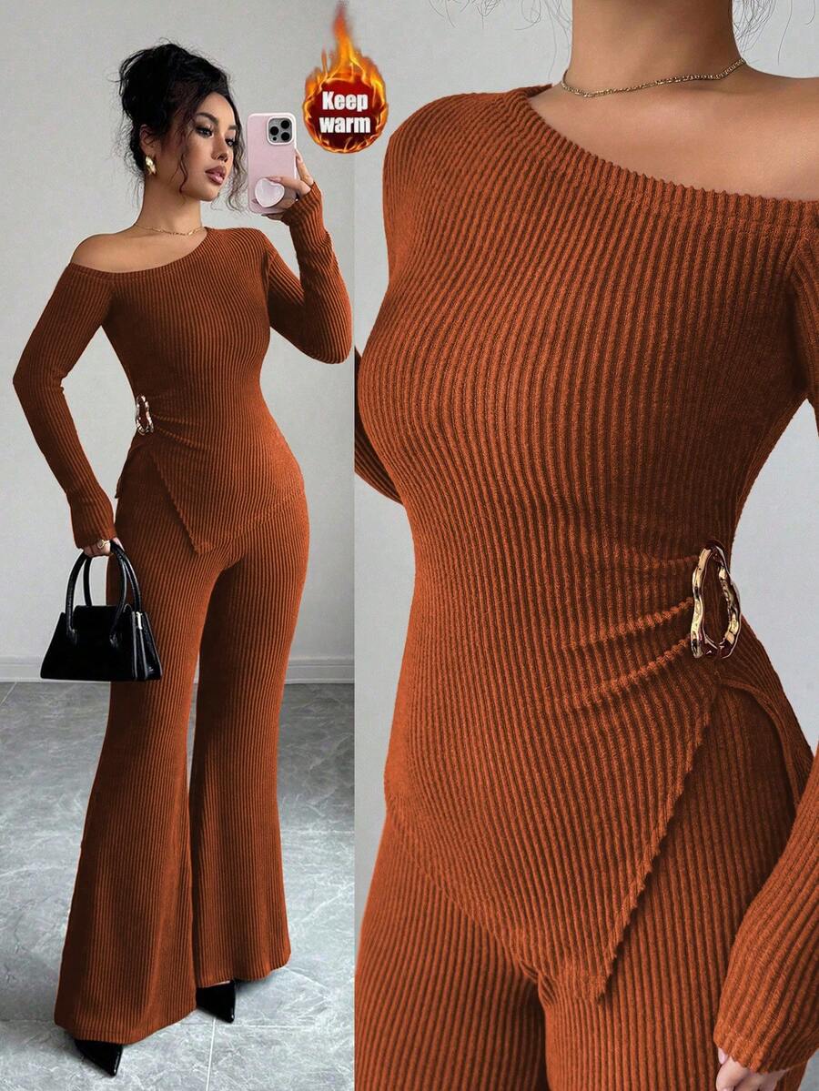 Elenzga Women's Rust Brown Autumn Elegant Everyday Fashion Casual 2-Piece Set,Asymmetric Shoulder Ruched Hem Metal Decor Ribbed Knit T-Shirt+Flare Leg Pants - Rust Brown - View 1
