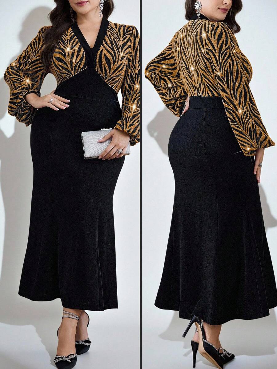 Modelyn Plus Size Women V-Neck Fitted Long Sleeve Dress Curve Elegant Dress - Gold - View 1