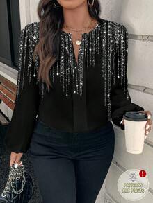 EMERY ROSE Camicia ampia e luccicante con scollo a V, adatta per l'autunno/inverno, taglie comode