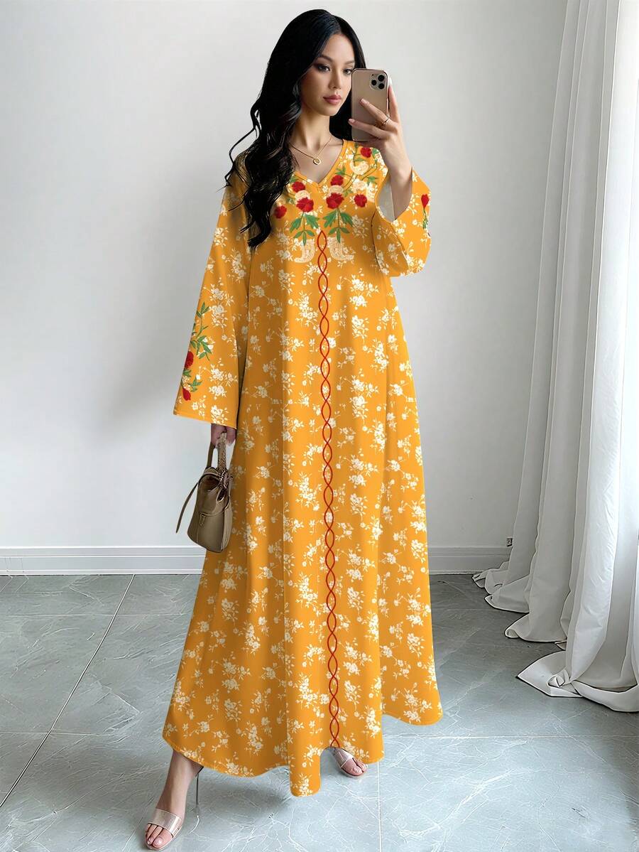 SHEIN Najma 女士花卉植物数码印花优雅圆领长袖睡袍，春秋季 - 彩色 - 查看 1