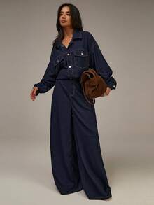 Athîral 女士落肩长袖纽扣半门襟口袋阔腿休闲牛仔连体裤 - 藍色 - 查看 2