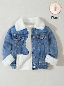 SHEIN Young Boys' Casual, Cute, And Comfortable Everyday Jacket With Fleece Detailing. Long-Sleeved, Lapel-Collared Jacket, Perfect For Travel, School, And Everyday Gatherings, Perfect For Fall And Winter.First Day Of School - Medium Wash - View 1