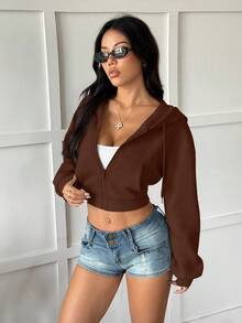 INAWLY Y2K Street Sexy Long Sleeve Solid Color Coffee Casual Crop Sweatshirt Zip-Up Sweatshirt With Pocket - Coffee Brown - View 4