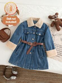 SHEIN Playful Pals 女童深蓝色拼布仿毛领宽松长款夹克，可爱时尚的外套，适合秋冬季，百搭分层单品 - 深色水洗藍 - 查看 1