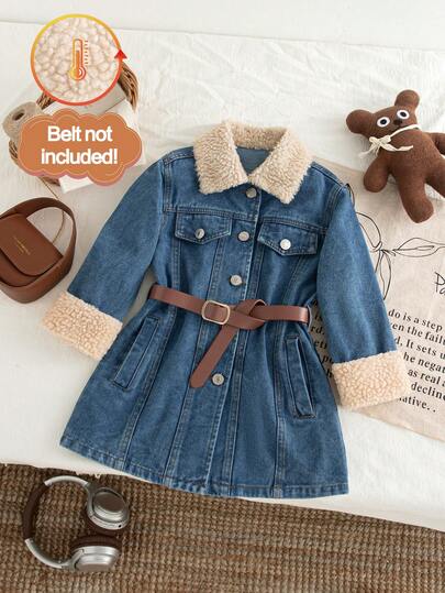 SHEIN Playful Pals Mörkblå lapptäcke med fuskpälskrage för småbarn, lös lång jacka, söta och moderiktiga ytterkläder lämpliga för höst/vinter, mångsidigt lager-på-lager-plagg