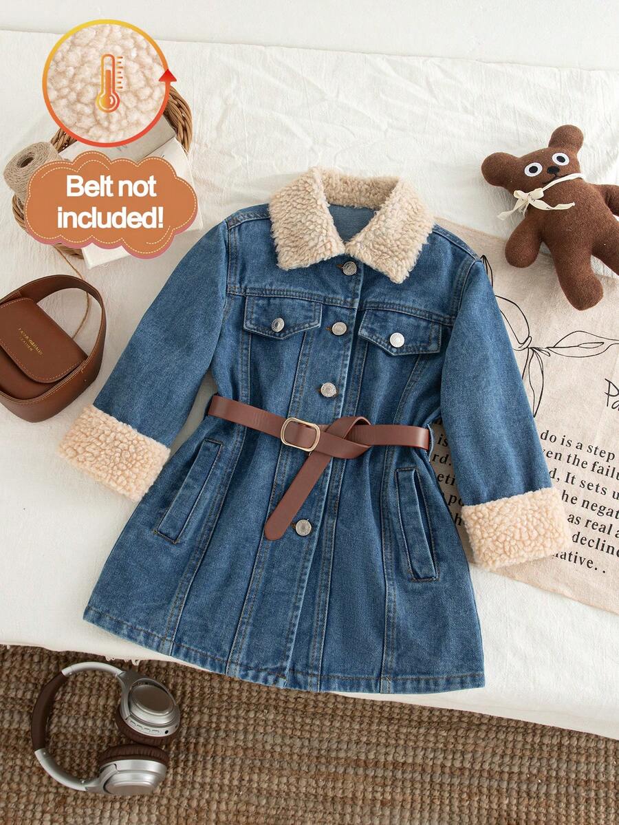 SHEIN Playful Pals 女童深蓝色拼布仿毛领宽松长款夹克，可爱时尚的外套，适合秋冬季，百搭分层单品 - 深色水洗藍 - 查看 1