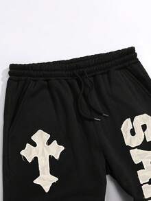 Manfinity Dauomo Men's Letter & Cross Patch Drawstring Waist Pockets Jogger Pants - Black - View 3