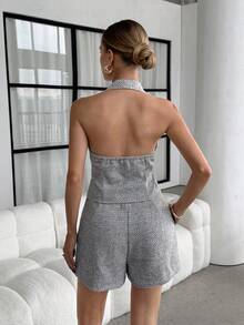 Lavishia 1 Set Women's Elegant & Fashionable Commuter Outfit: Thick Herringbone Turtleneck Top + Shorts - Grey - View 2