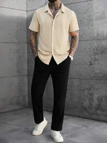 Manfinity Homme Men's Solid Color Jacquard Knit Short Sleeve Shirt - Apricot - View 4