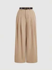 SHEIN MOD Khaki Wide Leg Pants With Belt For Plus Size Women, Retro Style In Fall/Winter - Coffee Brown - View 1