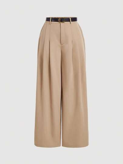 SHEIN MOD Khaki Wide Leg Pants With Belt For Plus Size Women, Retro Style In Fall/Winter