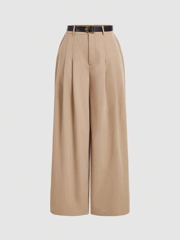 SHEIN MOD Khaki Wide Leg Pants With Belt For Plus Size Women, Retro Style In Fall/Winter