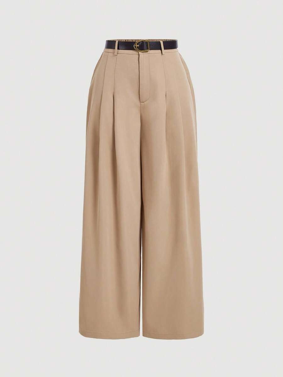 SHEIN MOD Khaki Wide Leg Pants With Belt For Plus Size Women, Retro Style In Fall/Winter - Coffee Brown - View 1