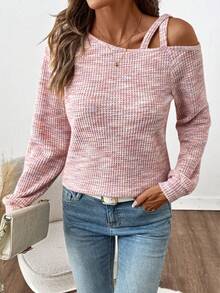 SHEIN Clasi Women Brushed Thickened Ribbed Asymmetric Collar T-Shirt - Dusty Pink - View 5