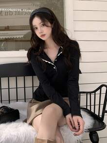 DAZY Women's Contrast Color Casual Long Sleeve T-Shirt, Autumn/Winter - Black - View 5