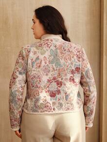 Anewsta Elegant Romantic Open Front Jacket For Women, Featuring Floral Embroidery, Pearl Decor, Braided Trim, Pockets, Long Sleeve, Plus Size, Suitable For Autumn/Winter