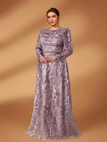 Serin 大码优雅奢华灰色船领薄纱长袖A字裙，饰以精美刺绣、珍珠和水钻，适合新娘母亲穿着。 - 藕粉色 - 查看 7