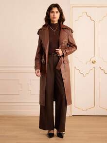 Lilora Áo khoác dáng dài tay cổ bẻ kiểu vintage mới dành cho nữ, thắt lưng và có khóa chữ D, kiểu dáng thanh lịch, ôm sát, thích hợp cho mùa thu/đông. Áo khoác dáng dài mùa đông cho nữ, chống gió và giữ ấm bằng chất liệu PU, phong cách vintage, dự tiệc, ngày lễ tình nhân, thời trang đường phố, kỳ nghỉ, khách dự đám cưới, tiệc tùng, năm mới, màu nâu, da, phong cách miền Tây, cổ điển. - màu nâu - Xem 4