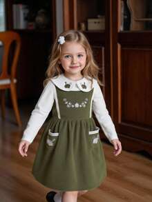 Vintaside Kids Autumn Girls Vintage Floral Embroidery Collared Long Sleeve Top And Pinafore Dress Set,Summer,Family Matching,Casual Embroidery Outfit For Kids - Green - View 1