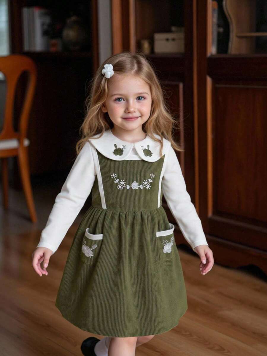 Vintaside Kids Autumn Girls Vintage Floral Embroidery Collared Long Sleeve Top And Pinafore Dress Set,Summer,Family Matching,Casual Embroidery Outfit For Kids - Green - View 1