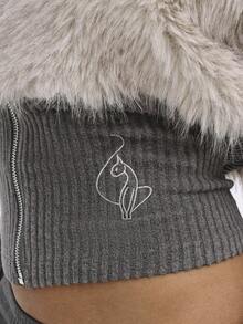 BABYPHAT Faux Fur Ribbed Cropped Cardigan With Rhinestone Logo Detail And Zipper Closure For Fall Winter Casual Layering - Multicolor - View 7