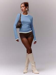 MUSERA Contrast Trim Fitted Long Sleeve Top Casual Vacation Airport Holiday Cute Back To School Winter Spring Summer - Baby Blue - View 4