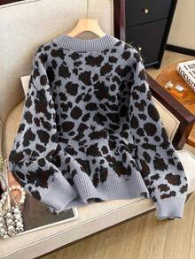Modelyn 大码女式V领豹纹针织套头衫，秋冬 - 灰色 - 查看 2
