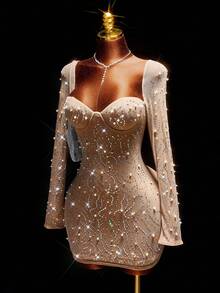 Amplova 女士水钻装饰迷你连衣裙，长袖华丽派对礼服，适合派对、约会、万圣节、情人节、圣诞节等场合。 - 彩色 - 查看 4