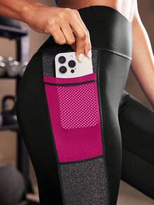 Powerista Quần legging tập luyện Colorblock dài đến bắp chân, co giãn cao, kiểm soát bụng, có túi bên hông và quần tập yoga lưới tương phản dành cho nữ - Màu đỏ tím - Xem 6