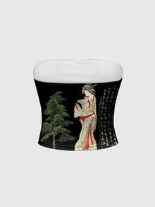 ROMWE Avant 性感中国书法人物印花抹胸上衣 - 黑色 - 查看 2