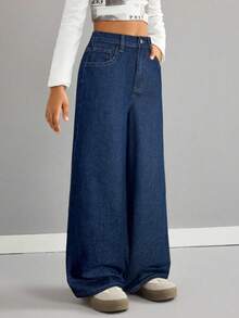 SHEIN Jeans anchos y sueltos de pierna ancha lavados para niñas preadolescentes - Azul lavado oscuro - Ver 5
