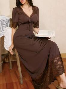 Côtesoire 优雅法式V领蕾丝拼接宽松长款连衣裙 - 咖啡棕 - 查看 5